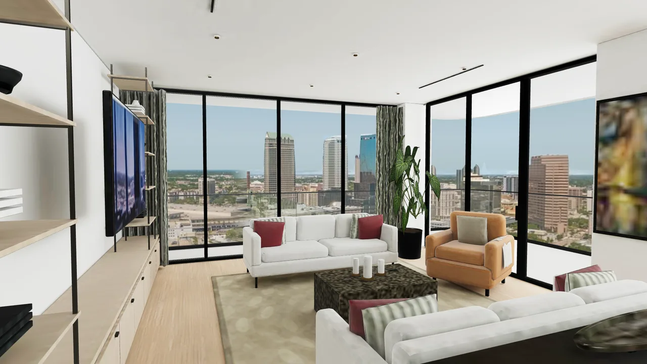 Rendered living room from an approximate Tampa residence demonstration model